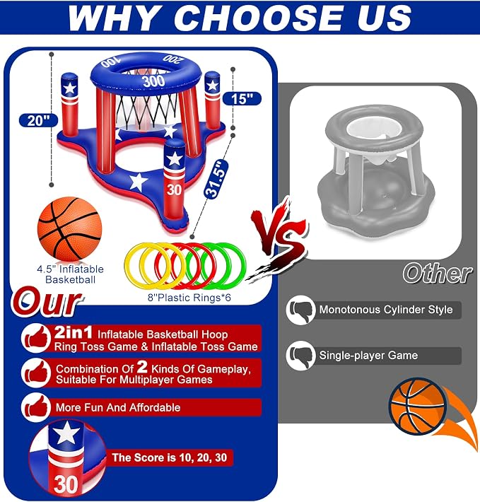 4th of July Pool Games Set, Volleyball Net & Basketball Hoop & Ring Toss, 250th Anniversary 3-in-1 Large Inflatable Water Sport Game Toys for Multi-Player Adults American Flag Swimming Summer Party