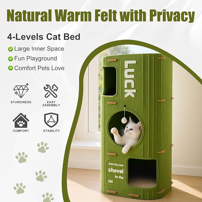 3-Tier Felt Cat House & Tunnel Bed for Indoor Cats – Enclosed Felt Cat Cave Condo with Plush Ball & Cushion – Cozy Hideaway Nest & Cat Furniture, Large Covered Casa para Gatos