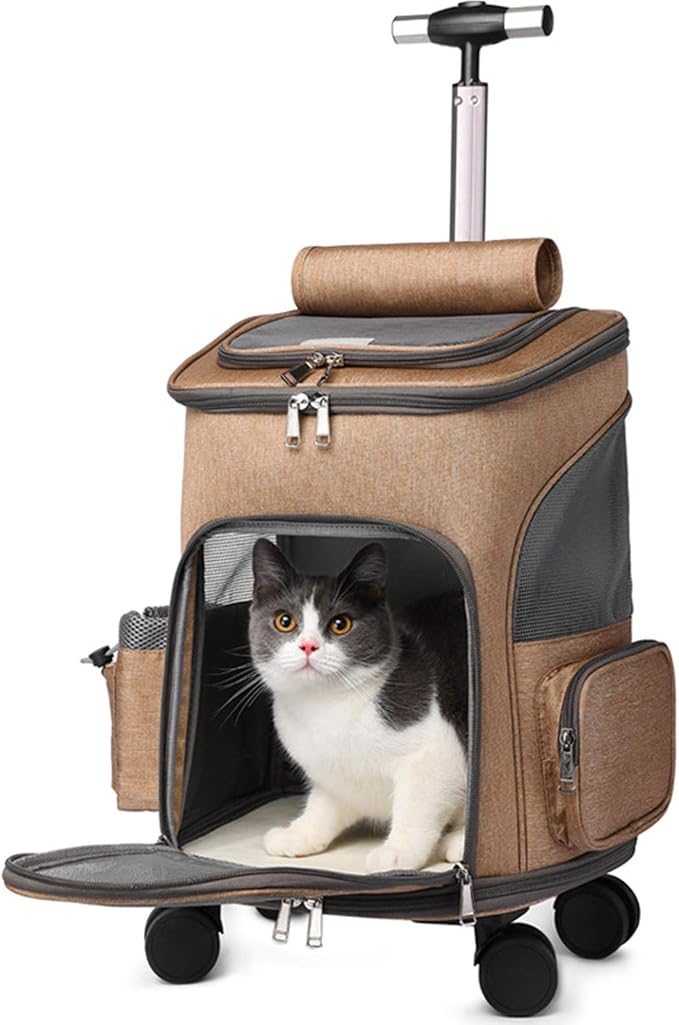 Pet Travel Rolling Backpack Rolling Carrier with Wheel Breathable Airline Approved Pet Carrier Stroller Soft-Sided Carrier Bag for Small Dogs Cats Rabbit for Indoor & Outdoor Use,Khaki