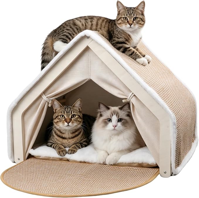 Cat Houses for Indoor Cats with Natural Sisal Scratcher Mat,Curtains,Bed and Floor Rug–Solid Wood Frame Cat Cave,Cat Scratch House