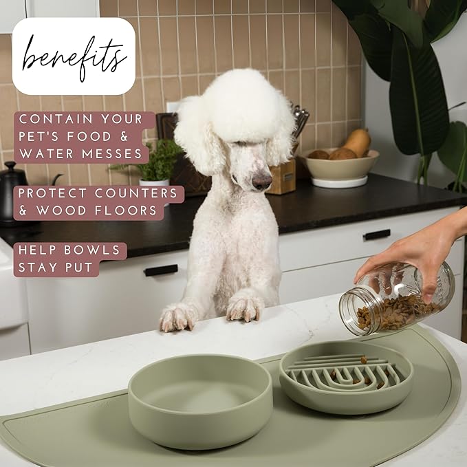 Should We Go? Waterproof Silicone Dog Food Mat – Large Size Non-Slip Pet Bowl Mat, Raised Edge Design, Easy-to-Clean Pet Food Placemat for Dog & Cat Bowls, 28" Across x 14" Deep - Charcoal