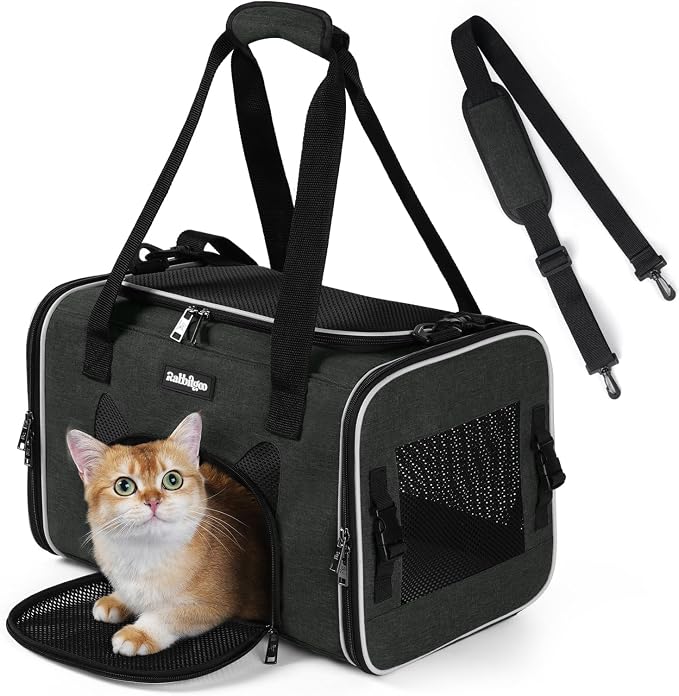 rabbitgoo Cat Carrier Soft Sided, Stable Portable Pet Carrier with Safety Buckles for Car Travel Vet Visit Airline, Comfortable Breathable Kitten Bag for Small Medium Large Cat, Black, 19x12x12 inch
