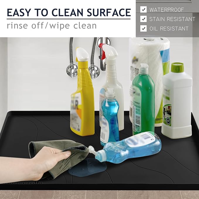 Heavy Duty Silicone Under Sink Mats for Kitchen Waterproof 40" x 22", Extra Thick Under Sink Rubber Mat Drip Tray, Raised Edge Under Sink Liner,Prevent Drips, Leaks, Spills,Black