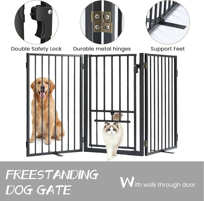 Metal Freestanding Dog Gate with Cat Door for Outdoor & Indoor,60" Extra Wide Foldable Puppy Fence,30" Tall Free Standing Dog Gate for Stairs,Hallways,Doorways,Deck,Yard (3 Panels,Black)