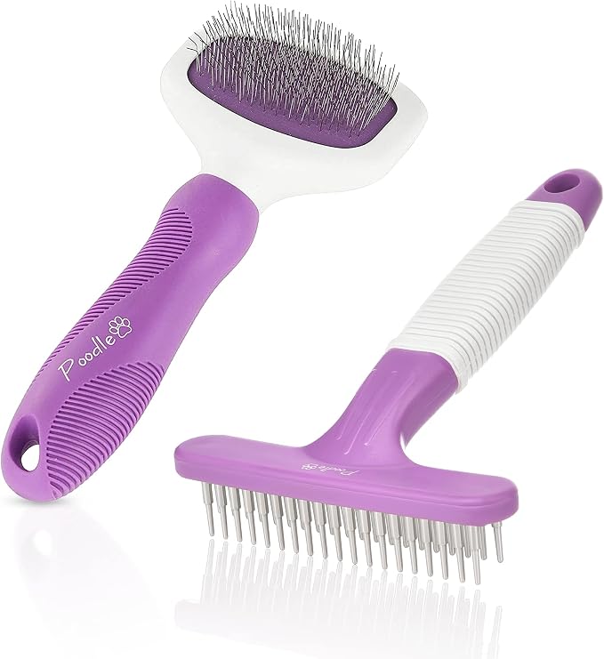 Poodle Pet Bundle - Slicker Brush for Small and Large Dogs Pet Hair Remover Grooming Brush and Dog Grooming Rake Dematting Tool Removes Loose or Tangled Hair from Undercoat