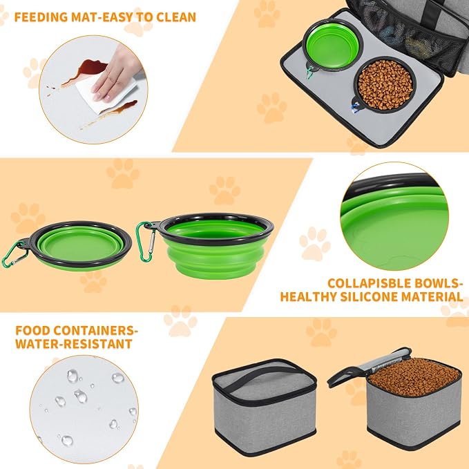 Dog Travel Bag,Large Pet Travel Bag for Supplies with 2 Food Container and Collapsible Bowls,Dog Travel Supplies Organizer Kit for Weekend,Road Trips,Camping