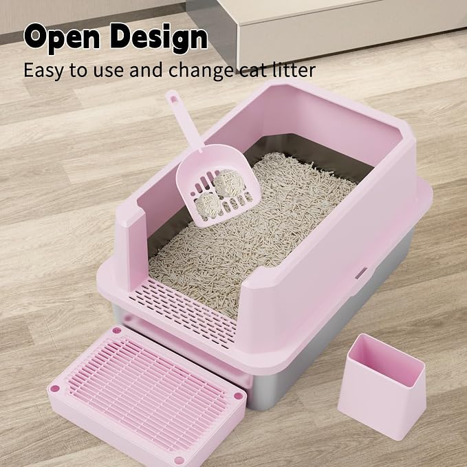 RIZZARI Pink Large Heavy-Duty 304 Stainless Steel Cat Litter Box - Open Pan with High Sides & Leak-Proof, Odor-Resistant & Easy Clean, Non-Stick Coating, for Big Cats in Apartments & Bathrooms