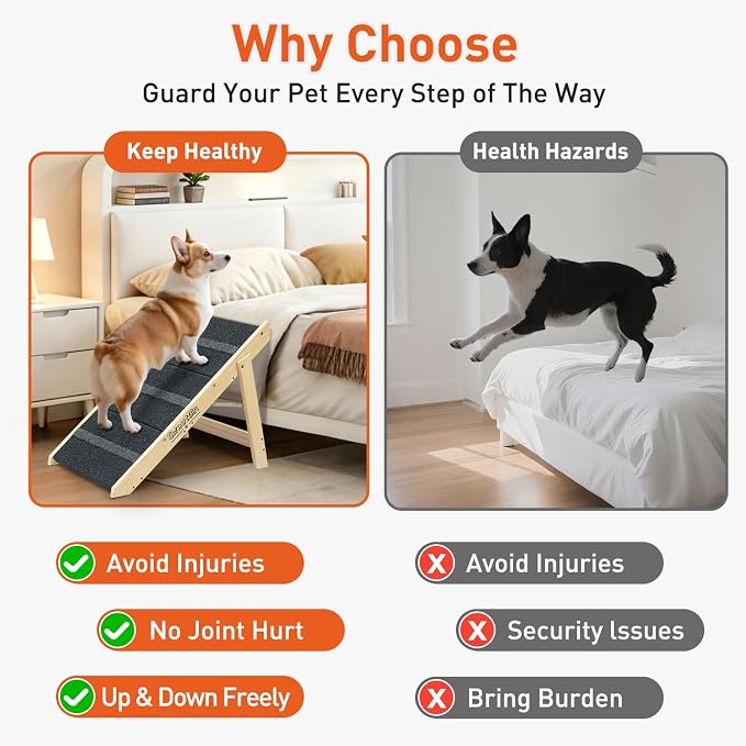 Wooden Dog Stairs& Dog Steps, 2-in-1 Foldable Dog Steps for Beds, Couch and Cars, Anti-Slip Pet Ramp with 3 Steps Indoor Pet Stairs for Small Medium Large Older Pet Cats up to 120lbs