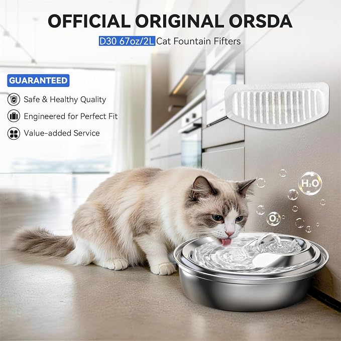 ORSDA Cat Water Fountain Filters, Replacement Carbon, Resin Filter ONLY for D30 67oz/2L Automatic Cat Fountain Dog Water Dispenser, 4 Filtration System (12PCS Filters）