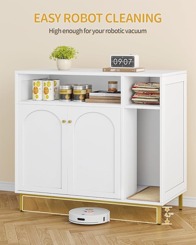 Hzuaneri Cat Litter Box Furniture, Hidden Cat Litter Box Enclosure with Storage, Wooden Cats Cabinet with Scratch Pad, Cats House, Modern End Table for Living Room Entryway, White and Gold CB89503G