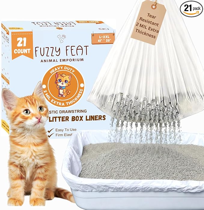 Cat Sifting Litter Box Liners - 21 Count - 2 MIL Extra Thick - Litter Bags Liners with Elastic Drawstring, Tear-Resistant Waterproof Cat litter liners for litter box, Kitty Litter Liners (30" × 16")