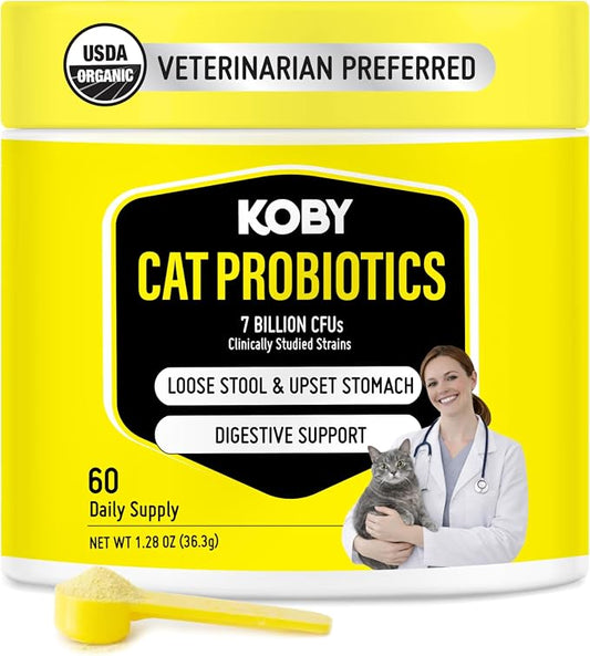 Koby Cat Probiotics | Daily Digestive Support for Sensitive Cats | Helps Loose Stool & Upset Stomach | Certified Organic | Vet Preferred, Clinical Dose | Easy-to-Use Powder