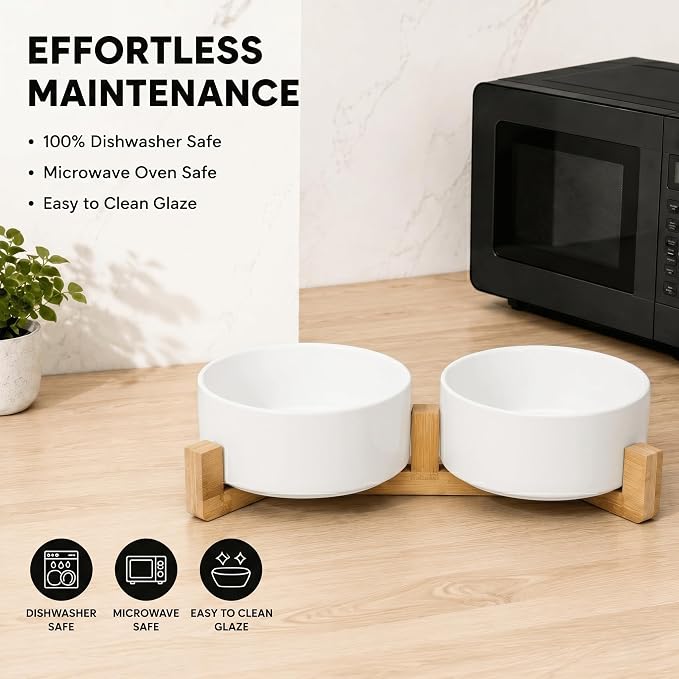 SPUNKYJUNKY Ceramic Dog and Cat Bowl Set with Wooden Stand, Modern Cute Weighted Food Water Bowl Set for Medium to Large Size Dogs (42 OZ, 2 × White)