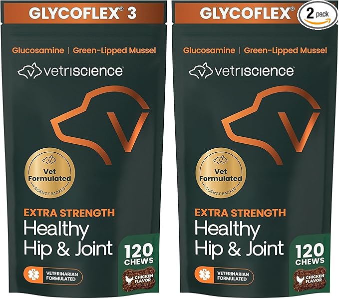 VetriScience Extra Strength Healthy Hip&Joint Chews,GlycoFlex 3,Glucosamine,Green-Lipped Mussel,Joint Support Supplement for Dogs,Promote Mobility&Soothe-Joint Discomfort,Chicken,120 Count (Pack of 2)