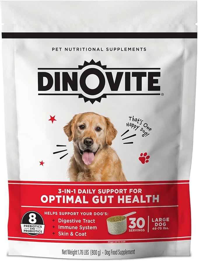 Dinovite Probiotics for Dogs, Probiotic Powder Food Topper for Large Dogs (45+ lb), Daily Digestive Health & Skin Support with Omega-3s, 30 Servings