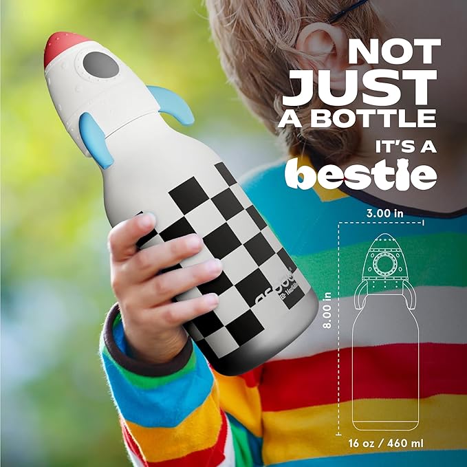 asobu Bestie Bottle Insulated Stainless Steel Water Bottle with Detachable Soft Animal Head Fun Drinking For Kids and Teens with Flexible Reusable Straw 16 Ounce
