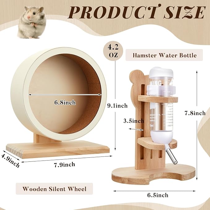 Silent Wooden Hamster Wheel with Cork Lining, 7.9 Inch Quiet Exercise Wheel for Dwarf Syrian Hamsters, Gerbils, Stable Small Animal Spinner Cage Accessories with Water Bottle Stand(S)