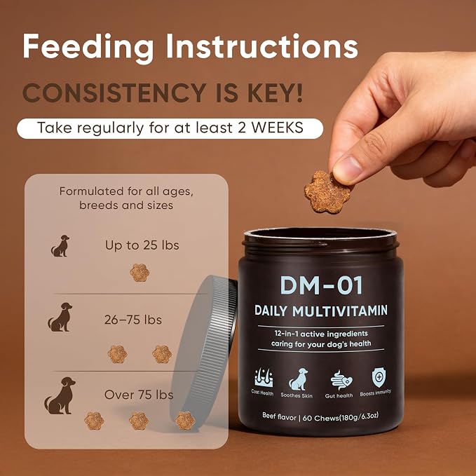 DM-01 Daily Multivitamin, Multivitamin Itch Relief Chews for Dog, with Folic Acid, Salmon Oil, Chondroitin & Natural Vitamins, Skin and Coat Healthy, Digestive & Boost Immunity, 60 Chew (Beef)