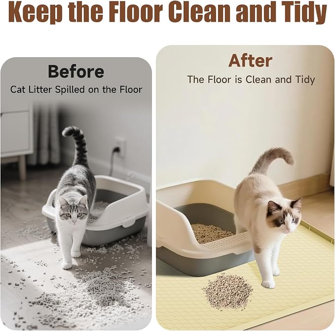 Cat Mat for Litter Box, 40" X 28" Large Silicone Cat Litter Trapping Mat, Waterproof Cat Litter Mat, Soft on Kitty Paws, Easy to Clean, Non-Slip Kitty Scratch Pad for Floor(Yellow)