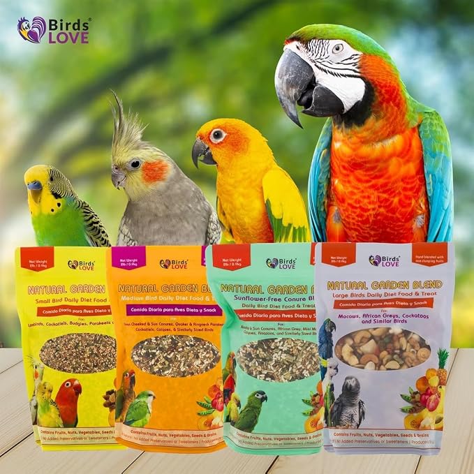 Birds LOVE All Natural Garden Blend Bird Food for Medium Birds, 4 lb, Fruit, Nut, Vegetable & Seed Mix for Cockatiels, Conures, Ringneck Parakeets & Small Quakers, Resealable Freshness Bag