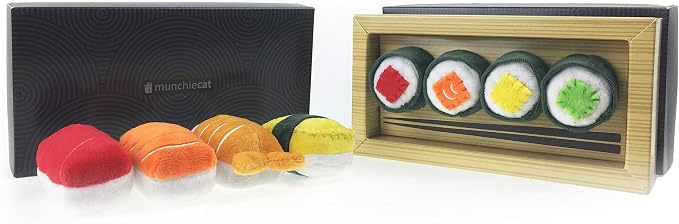 munchiecat Sushi Toys for Cats, Kittens Catnip Toy Crinkle Paper Bells Rattle Set in Bento Style Box, Maki and Nigiri (8-pc)