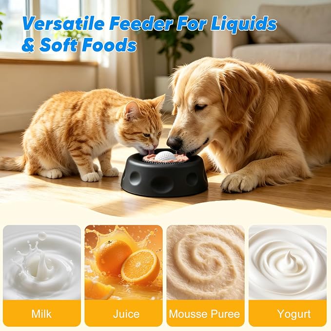 Dog Cat Lick Bowl with Rolling Ball, Slow Feeder Interactive Silicone Bowl with Suction Cup Base, Chew-Resistant for Wet Food & Treats, Easy Clean, 8.5oz/250ml, Black