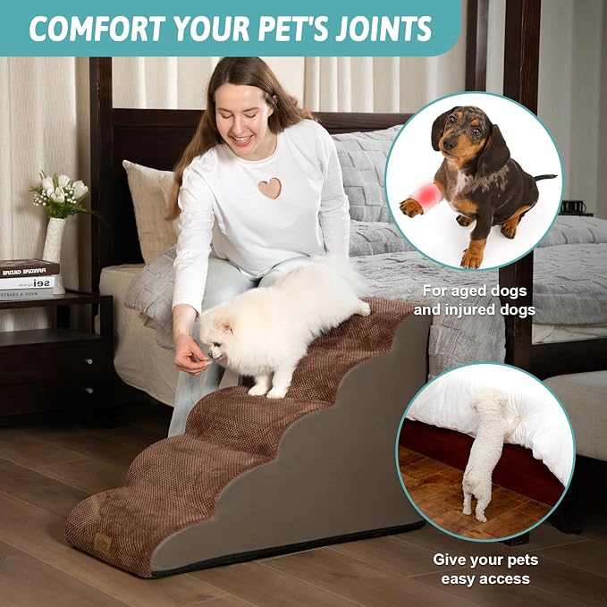 COZY KISS Dog Stairs for High Bed 22.6" H, Small Dog Step for Puppy, Older or Cat, Curved Ramp for Car, Ladder with High Density Foam, Lightweight, Durable, 15.7x33x22.6 inch, 5 Step, Brown