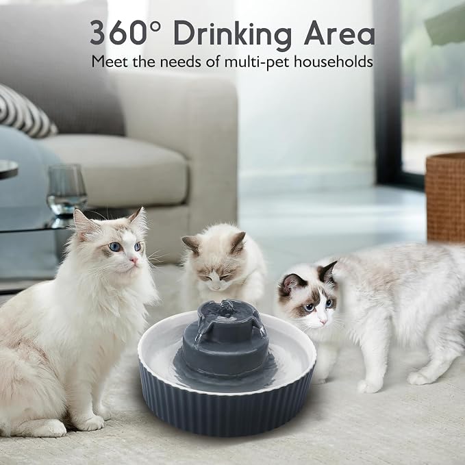 Lawfery Ceramic Cat Water Fountain, 2.1L/71oz Cat Fountain with 3 Carbon Filters and 2 Quiet Pumps, Cupcake Pet Water Dispenser for Cats and Dogs (Grey)