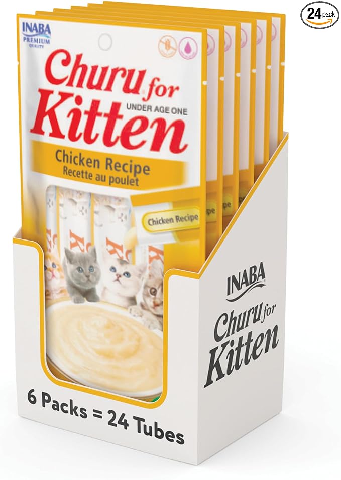 INABA Churu for Kittens, Creamy, Purée Lickable Cat Treats with DHA, EPA, Vitamin E & Taurine, 0.5 Ounces Each, 24 Tubes (4 per Pack), Chicken Recipe