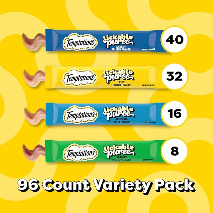 Temptations Creamy Puree Squeezable Lickable Wet Cat Treat Variety Pack, 0.42 oz. Tubes, 96 Count