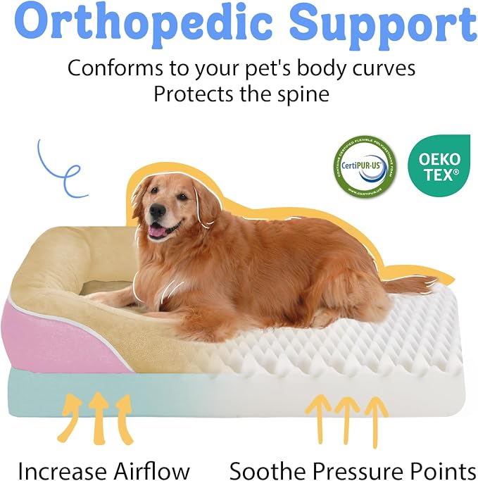 Chez Paw XXL Orthopedic Dog Bed for Extra Large Dogs, Extra Thick Egg-Crate Foam Waterproof Pet Couch with Removable Washable Cover, 4-Sided Bolster & Non-Slip Bottom, Ivory Pink 45"x35"x7.5"