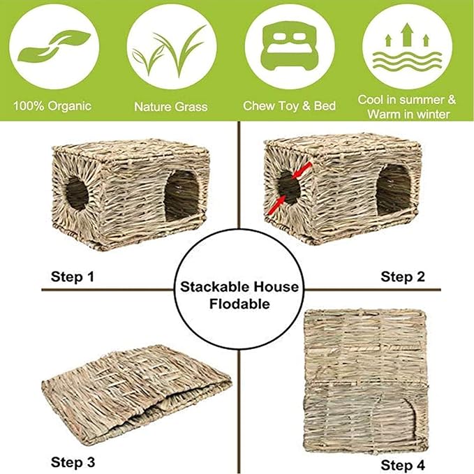 Tfwadmx 2 Pack Rabbit Grass House - Natural Hand Woven Seagrass Play Hay Bed, Collapsible Hideaway Hut Toy for Bunny Hamster Guinea Pig Chinchilla Ferret