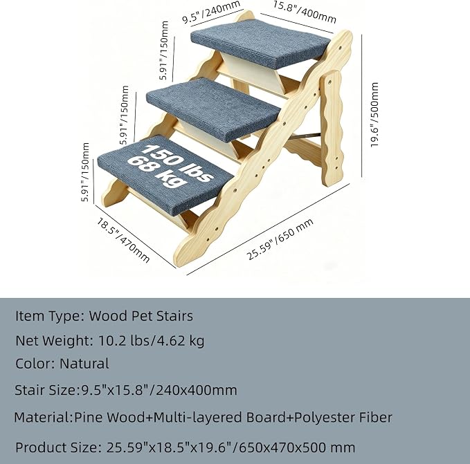 Wooden Dog Stairs, 2-in-1 Floded Flat Design Dog Steps for Beds Cars Couch, Anti-Slip Pet Ramp with 3 Steps, Indoor Pet Stairs for Small Medium Large Pet, up to 150 lbs