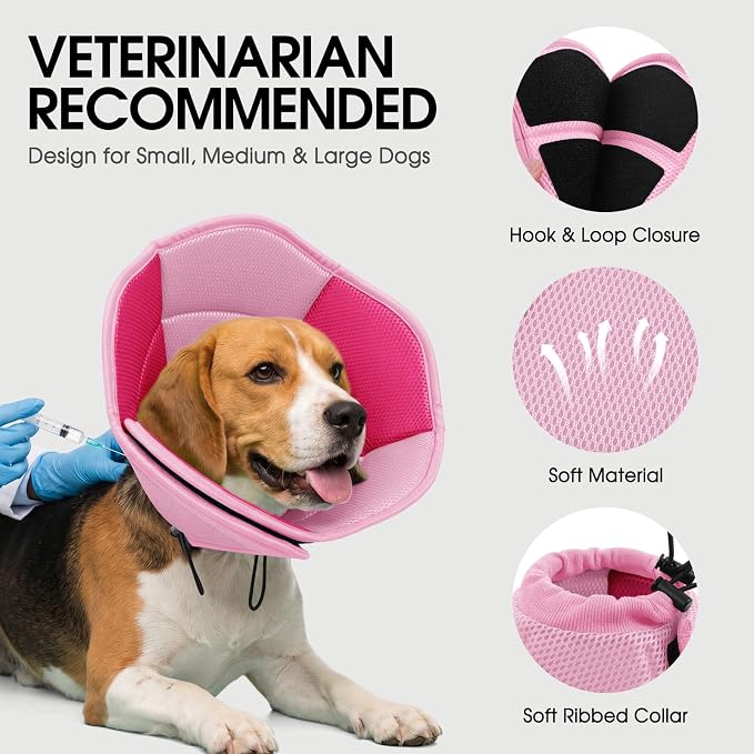 Dog Cones for Large Dogs, Soft Pet Cone Stop Licking After Surgery, Adjustable Pet E-Collar Alternative for Wound Healing, Pink X-Large