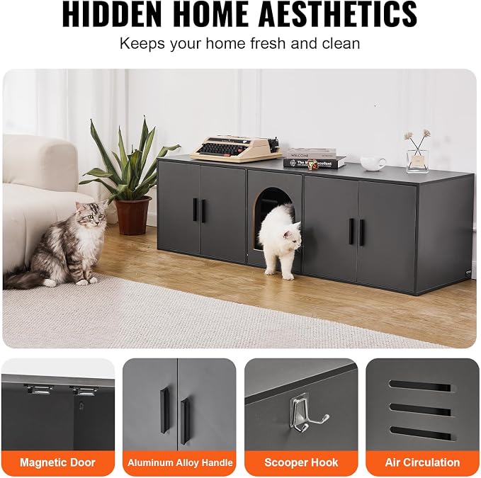 VEVOR Cat Litter Box Enclosure for 2 Cats, Litter Box Furniture Hidden with Double Rooms, Wooden Cat Box Cabinet Fit Most of Litter Box
