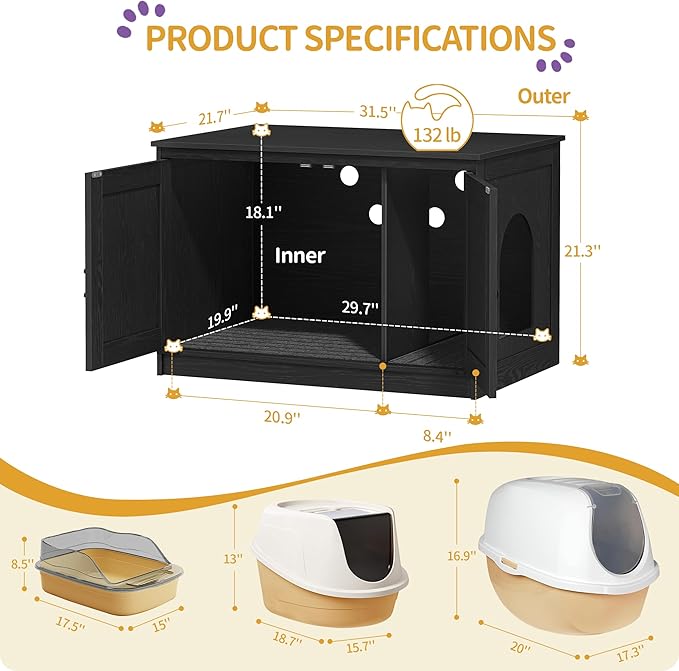 Hzuaneri Cat Litter Box Enclosure with Cushion, Hidden Litter Box Furniture with Removable Dividers, Reversible Entrance Left or Right Side, Cat House, Black CB84604X