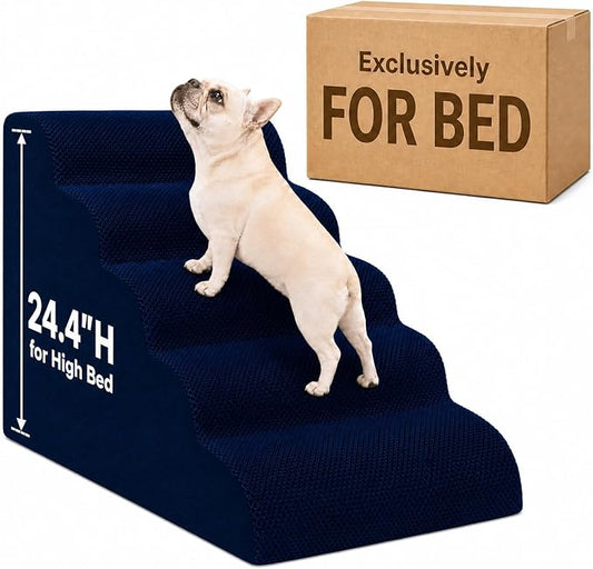 Dog Ramp for Bed,Pet Ramp for High Bed,Dog Stairs for Small & Medium Dogs,Curved Non-Slip Ladder for Older Dogs & Cats,24.4" H,5-Step（Blue）