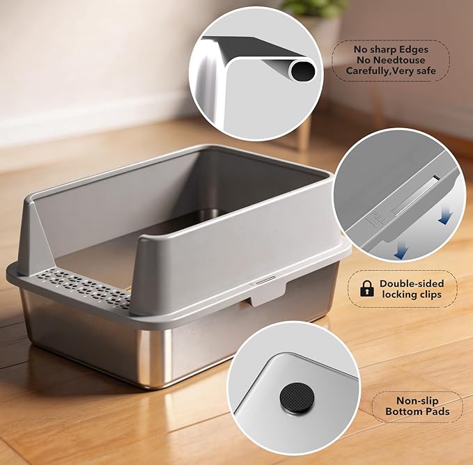 2PACK Stainless Steel Litter Box, Metal Litter Boxs with Lid High Sides, XL Extra Large Litter Box for Big Cats, Never Absorbs Odors, Leak-Proof, Stain-Free, Rust-Free, Easy to Clean, Scoop Included
