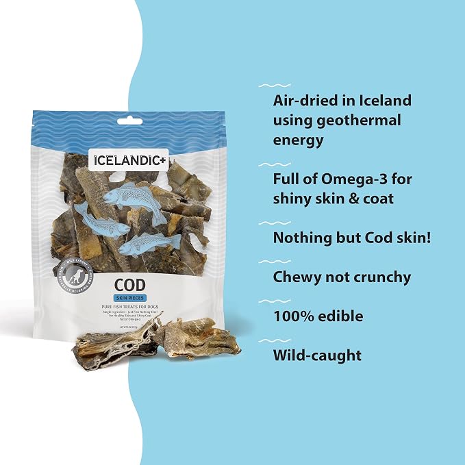 Icelandic+ Cod Skin Pieces - 8oz Bag - Pure Fish Dog Treats, Wild- Caught & Air-Dried, Single Ingredient Snacks, Pet Chews, Just The Fish Nothing Else