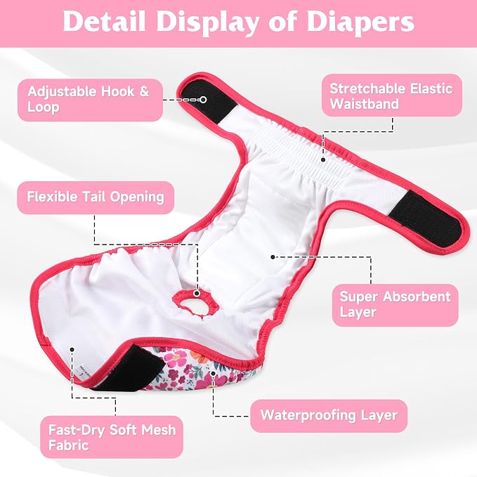 4 Pack Reusable Female Dog Diaper, Highly Absorbent Doggie Diapers for Female Dogs, Dog Diaper X-Large, Flowers