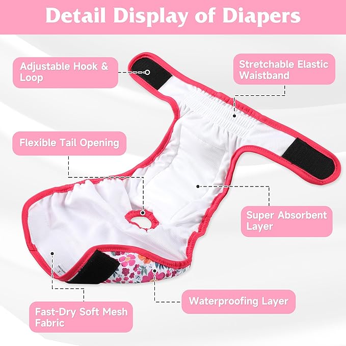 4 Pack Reusable Female Dog Diaper, Highly Absorbent Doggie Diapers for Female Dogs, Dog Diaper Large, Flowers