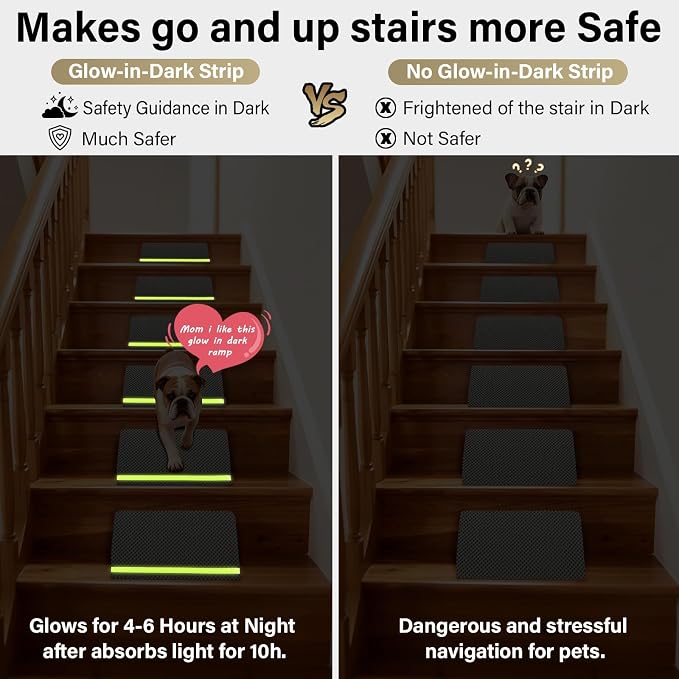JoyBlooms Upgraded Dog Ramp for Stairs for Small & Senior Dogs Cats, 40D Density Foam Gentle 30° Slope Non-Slip Dog Stair Ramp with Glow Strip, Pet Ramp with Removable Washable Cover, Gray-6pcs