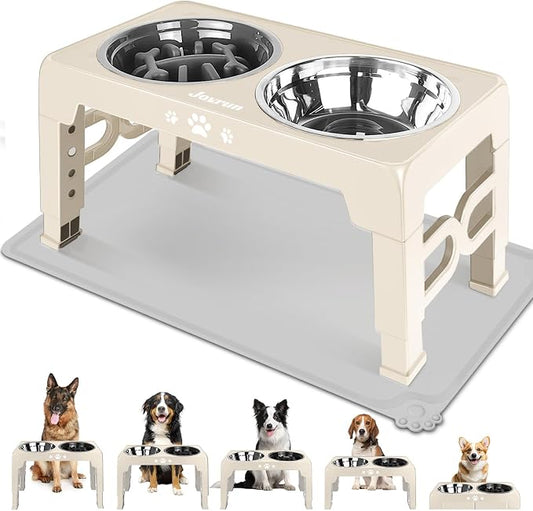 Jovrun Elevated Dog Bowls for Medium Large Dogs with Mat, Non-Slip Dog Feeder with 1*Stainless Steel Dishes & 1*Slow Feeder Bowl, 5 Heights Adjustable Raised Bowls for 3.15″-8.66″-9.84″-11.02″-12.2″