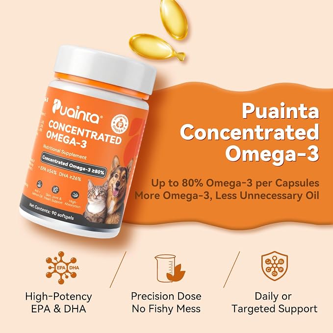 PUAINTA Omega 3 Fish Oil for Dogs & Cats, 80% EPA DHA, Skin & Coat, Itch & Shedding Support, Joint & Immune Health, Wild Icelandic Fish & Krill Oil Softgels (90 Count)