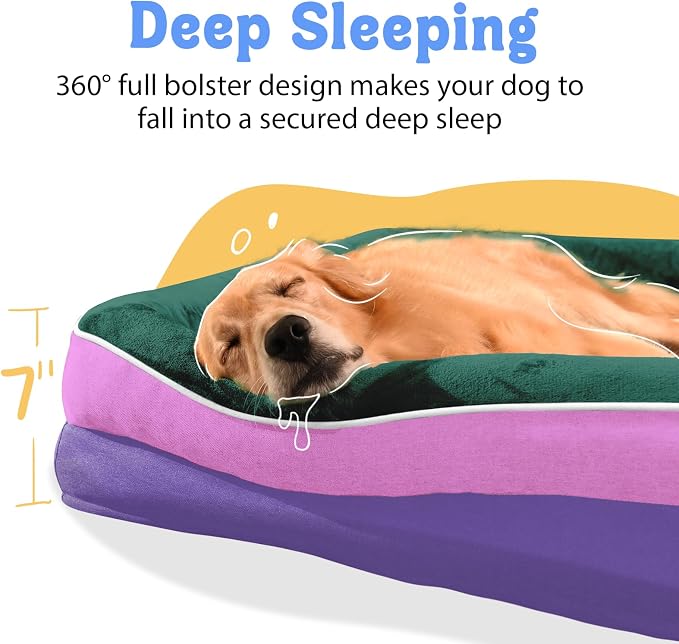 Chez Paw Large Orthopedic Dog Bed for Extra Large Dogs, Waterproof XL Egg-Crate Foam Dog Bed with Removable Washable Cover & Non-Slip Bottom, 4-Sided Bolster Support, Sage Lavender 42"x30"x7.5"