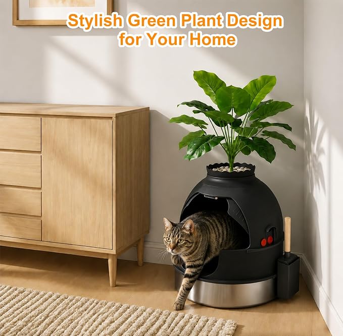 Gimars Hidden Litter Box with Faux Plant, Stainless Steel Litter Box Enclosure, 18.9" L x 18.9" W x 21.7" H Decorative Cat Litter Box Furniture, Odor Control, Easy to Clean