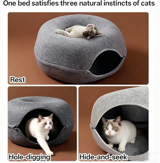 Cat Donut Tunnel Bed for Indoor Cats - Peekaboo Cat Cave, Detachable Felt, Washable, Interactive Play & Cozy Rest Space for Multiple Cats (Dark Gray)