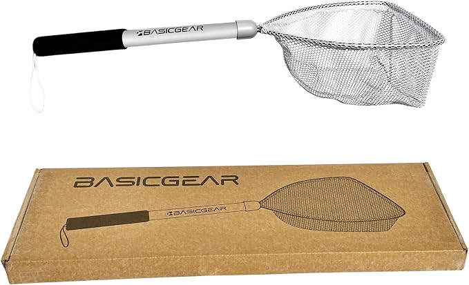 BasicGear Compact Baitwell Net for Live Bait – Soft Nylon Mesh, Aluminum Frame, EVA Non-Slip Grip & Anti-Drop Rope