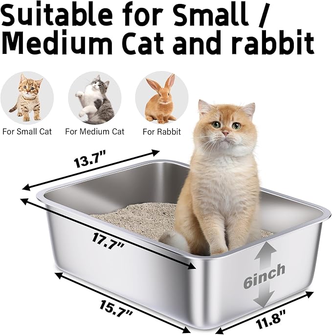 Stainless Steel Litter Box 2 Pack, 18"x14"x6" Medium Cat Litter Box Easy to Clean, Never Absorb Odor, Non Stick Metal Litterbox for Small to Medium Cats, Rabbits