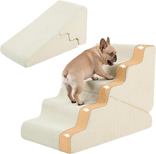 Dog Ramp for Bed, Extra Wide 20" Width Dog Stairs for High Bed, 2 in 1 Pet Steps for Small Dogs, 4-Step Foldable Transformable Large Cats Ramp to Get on Couch, Non-Slip Balanced, Beige